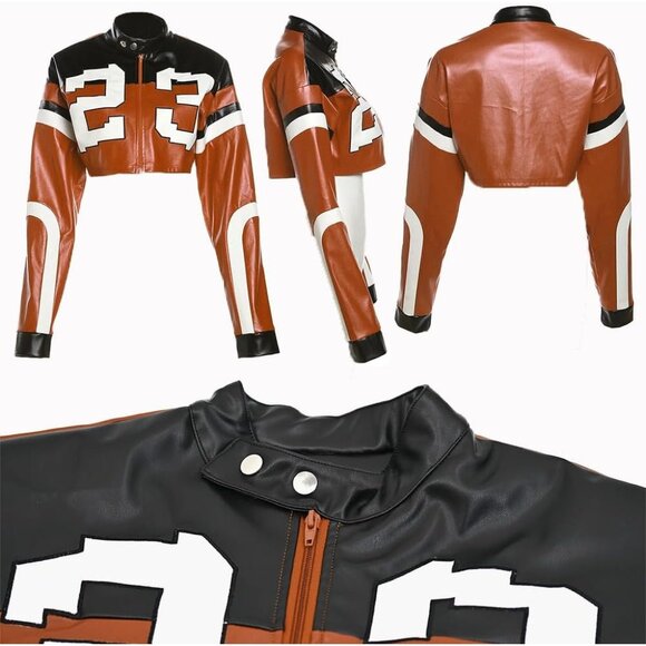 Womens Brown VOIKERDR Faux Leather Cropped Motorcycle Bomber Y2K Street Jacket - Picture 5 of 6